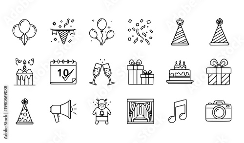 A set of black and white line art icons depicting various celebration elements