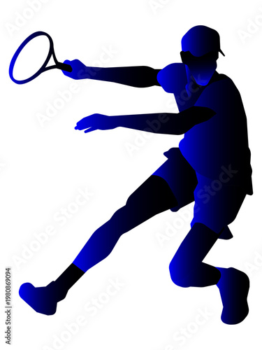 Silhouette of a professional male tennis player hitting a backhand shot with blue gradient effect on white background.