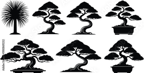 Black silhouette vector illustration of stylized bonsai trees and palm tree designs, symbolizing gardening, nature, Asian art, and decorative themes