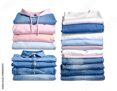 Neat stacks of folded jeans, hoodies, shirts, and sweaters