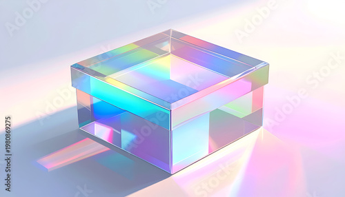 A translucent, iridescent box reflects a spectrum of pastel colors, creating a captivating visual effect.