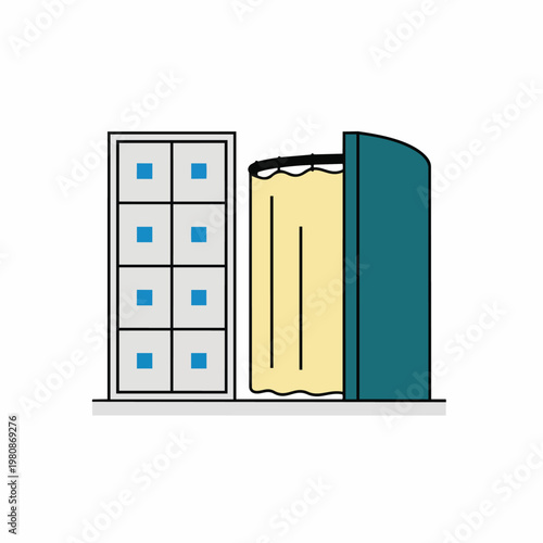 Retail changing room with mirror and yellow curtain.