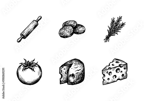 Pizza Ingredients and Italian Cooking Elements with Hand-Drawn Inky Doodle and Organic Textures for Culinary Design.