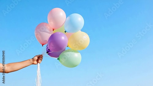 Hand holding colorful balloons against blue sky