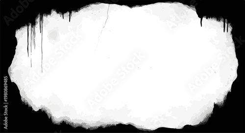 Abstract, textured white blob with dark dripping elements and cracked surface
