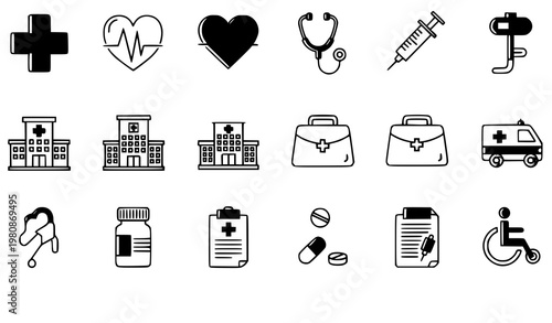 A set of black and white medical icons and symbols for healthcare design