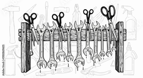 Assortment of wrenches and scissors neatly organized on a wooden rack