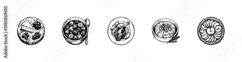 French Cuisine and Traditional Gastronomy Dishes with Fluid Engraving Style and Hand-Drawn Sketchy Style