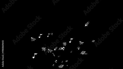 Hand-drawn pencil sketch animation of science doodles, seamless loop with alpha channel transparency, sticker-style design for school projects. Hand drawn Back to School doodle icons isolated items