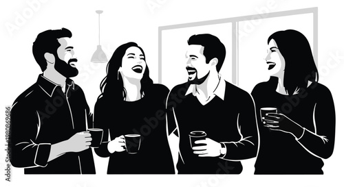 Group of happy friends laughing and talking over coffee in black and white graphic style