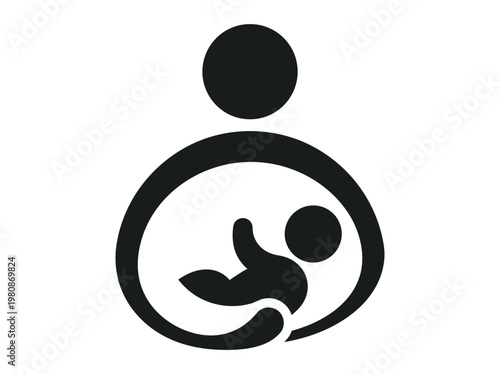 Minimalist Breastfeeding Icon and Mother Holding Infant Silhouette, Maternity Care Symbol for Healthcare, Parenting, and Newborn Nutrition Concepts
