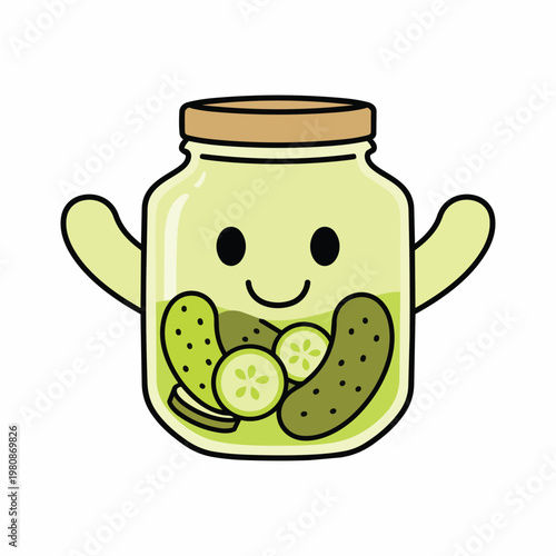 Cute cartoon jar of pickles with smiling face and arms, funny food illustration.