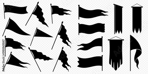 Set of black flag silhouettes in various shapes and styles, including pennants, banners, and waving flags, isolated on a transparent background.