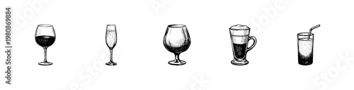 Barware Glassware and Cocktail Drink Elements with Hand-Drawn Inky Doodle and Fluid Sketchy Aesthetic