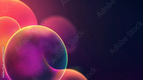 A vibrant digital illustration of glowing orbs in a dark background with neon colors and futuristic design elements.