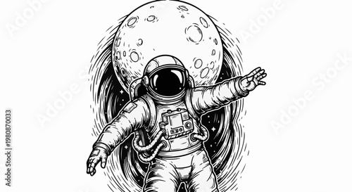 Astronaut floating, reaching out, with a large moon in the background