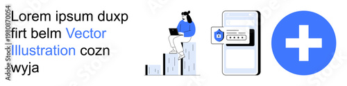 Business success, digital security, online healthcare, analytics, data protection, mobile services. Woman sitting on bar graph using a laptop, phone with shield icon medical plus symbol. Business