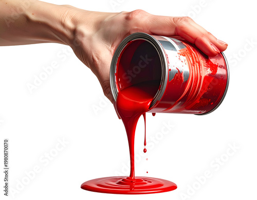 Hand pours vibrant red paint from an open metal can