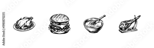 Assorted Gourmet Food and Deli Meats with Textured Engraving Style and Hand-Drawn Sketchy Aesthetic