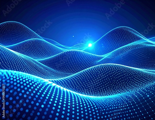 Abstract Blue Digital Wave Background With Dotted Grid and Futuristic Technology Flow
