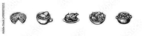 Classic French Cuisine Dishes and Gourmet Gastronomy Meals with Fluid Engraving Style in Hand-Drawn Sketchy Style