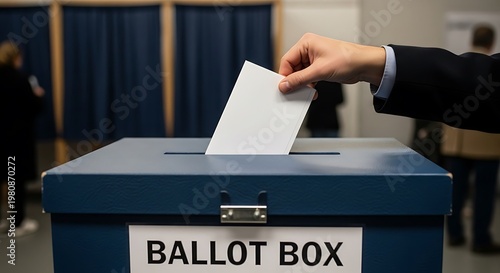 Voting Hand casting ballot in ballot box with election day, and democracy concept.