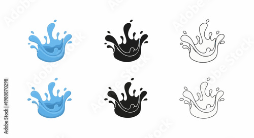 Abstract water splashes, rendered in blue, black, and outline styles