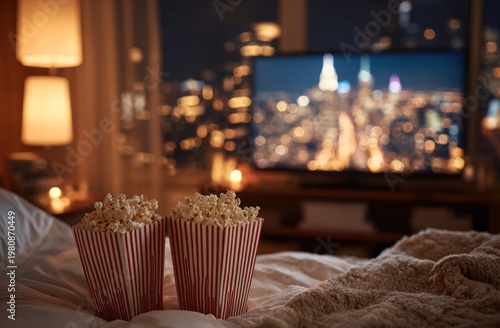 Two striped red and white paper bags of popcorn on a cozy bed with a cityscape view on a television in the background