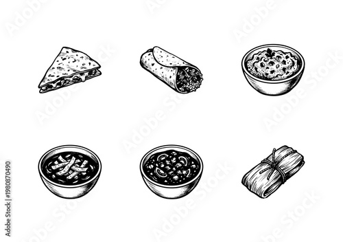 Traditional Mexican Cuisine and Popular Food Dishes with Hand-Drawn Engraving Style and Detailed Textures