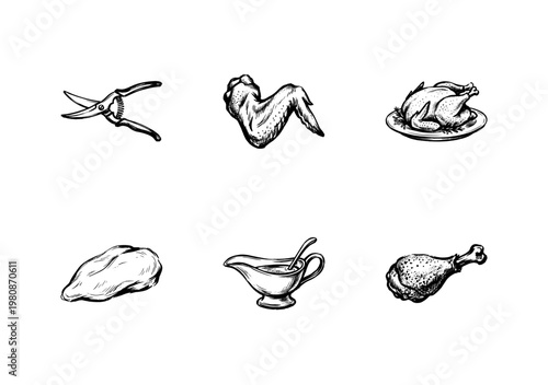 Poultry Cuts and Roasted Chicken Meat Elements in Hand-Drawn Inky Doodle Style for Food Packaging and Culinary Design