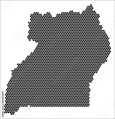 Uganda hexagon map. Plain black and white dotted shape template. Country tiny hexagon cells. Uganda flat honeycomb template. Vector Illustration.