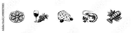 French Cuisine Gourmet Food and Drink Elements with Hand-Drawn Inky Brush Strokes and Sketchy Ink Wash Textures