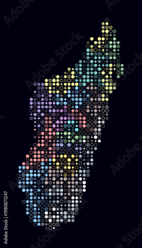 Madagascar, shape of the country build of colored cells. Digital style map of the Madagascar on dark background. Small size circle blocks. Artistic vector illustration.