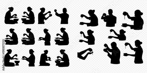 Set of Traditional Thai People Silhouettes Performing Various Rituals and Activities.