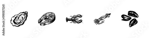 Seafood and Marine Life Culinary Ingredients with Hand-Drawn Inky Doodle and Organic Sketchy Outlines