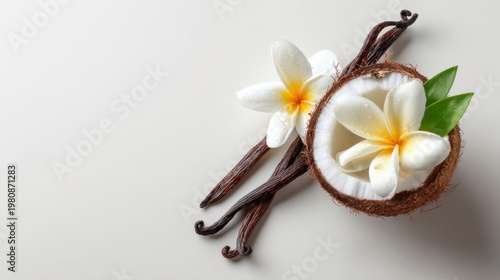 Vanilla beans, coconut flowers, and a coconut shell with flower internal contents arranged on a white surface