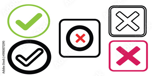 Art & A collection of icons representing approval, denial, and location pinpoint on different coloured backgrounds Illustration vector