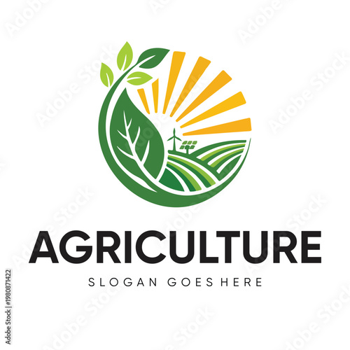 Modern Agriculture Logo Design with Green Fields, Sun Rays, and Renewable Energy Elements for Farming and Eco-Friendly Business