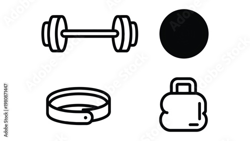 Fitness Equipment Icons: This image shows fitness icons in a flat design style, featuring symbols of health, exercise and wellness.