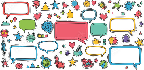 Colorful hand drawn speech bubbles and doodles a playful communication set