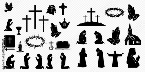 Collection of Christian religious symbols and praying people silhouettes on transparent background.