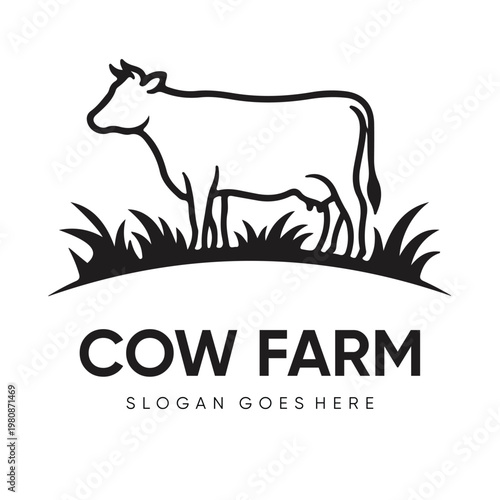 Cow Farm Logo Design, Minimalist Livestock Vector Illustration for Dairy Farm, Agriculture Business and Butchery Branding