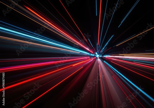 Dynamic streaks of color created by motion blur in a dark environment, ideal for a high-energy abstract technological backdrop, night, traffic, rush