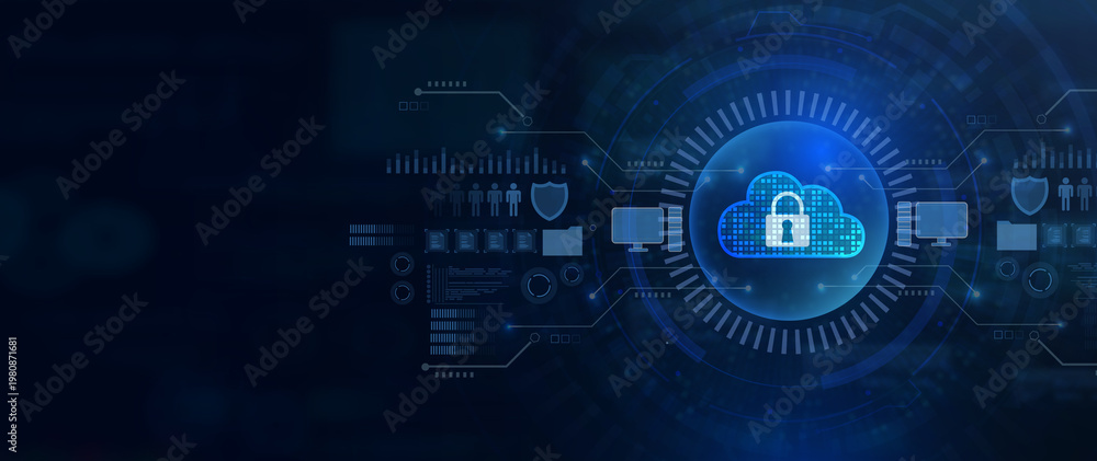 Obraz premium A modern cloud computing illustration featuring digital security and data protection symbols against a blue background.