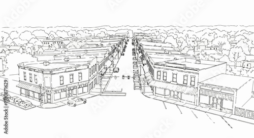 Ariel view of a small town's main street lined with shops and parked cars