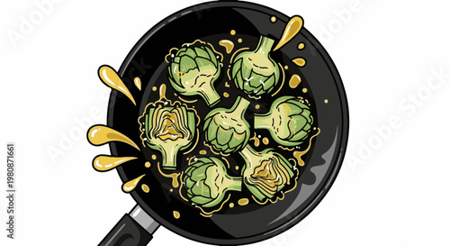 Artichokes sizzling in a pan with golden oil and splatters