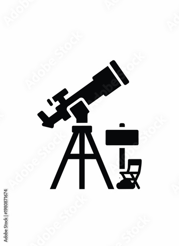 Telescope on tripod with chair and sign for stargazing and astronomy observation at night sky.