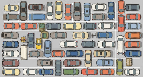 Many Cars Parked In A Lot From Above.