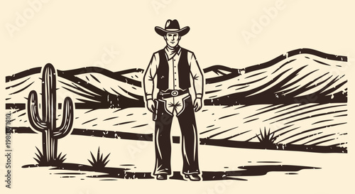 A solitary cowboy stands proudly in the arid desert landscape, with cacti and mountains in the background