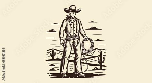 Vintage Cowboy Illustration - A Classic Western Scene with a Lone Ranger and Desert Landscape